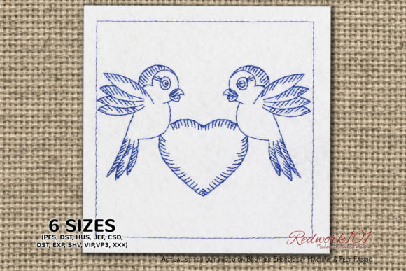 Reviewing Cute Birds with Heart Symbol Redwork